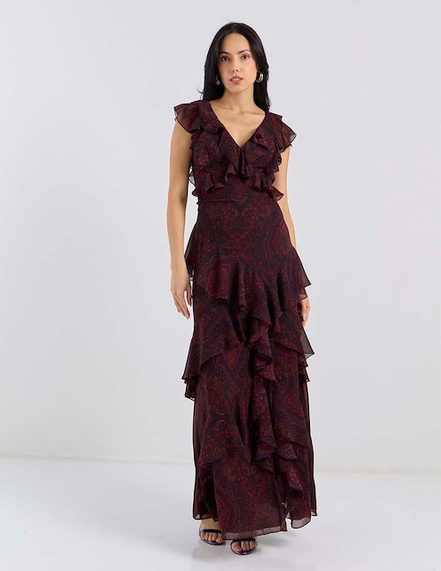 Vestido largo de fiesta Lauren Ralph Lauren escote v