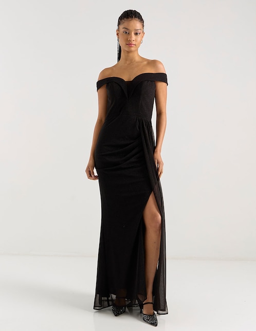 Vestido largo de fiesta escote bardot 1