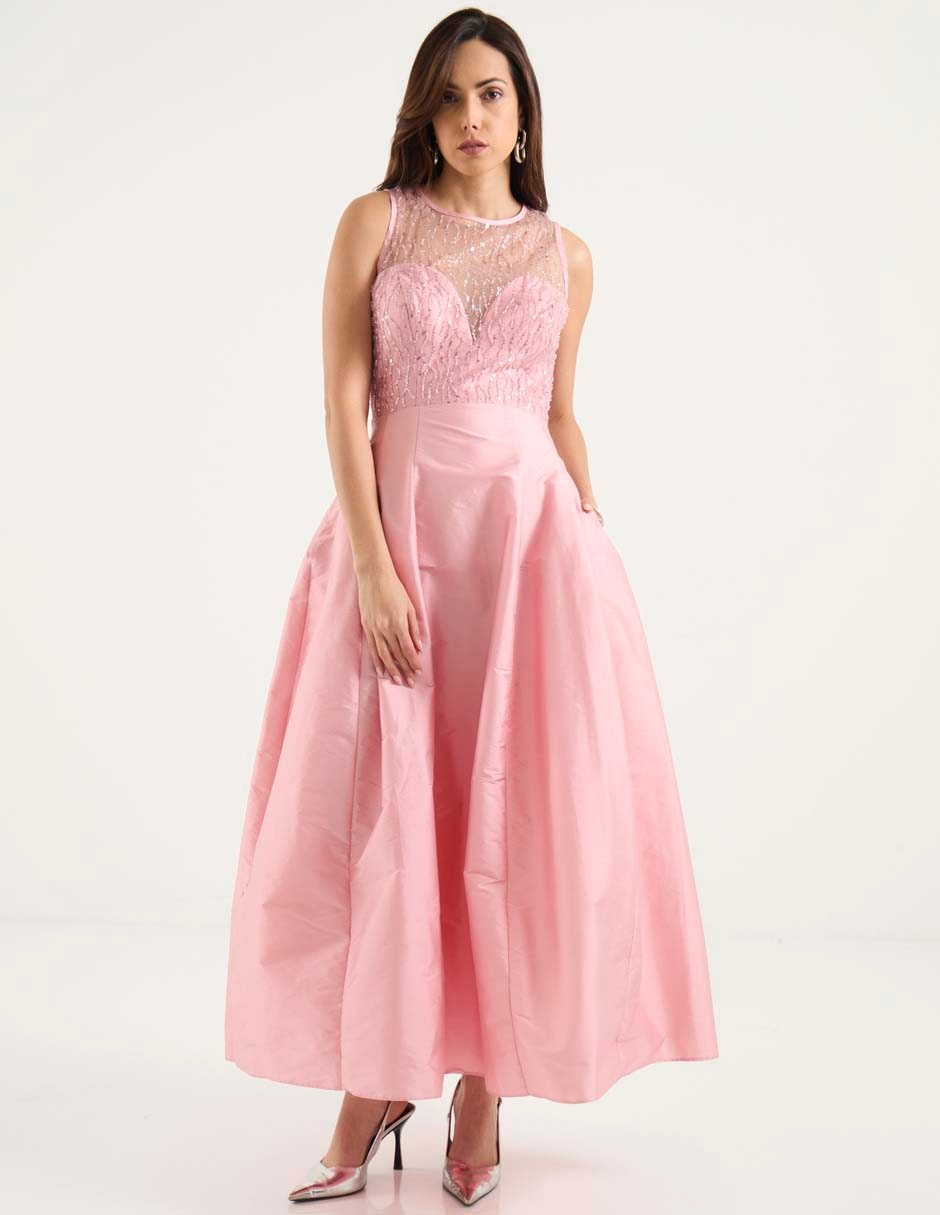Vestidos de chiffon con escote ilusión y mangas cap Tormenta Tallas Grandes