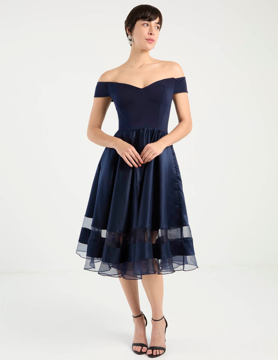 Vestido midi de fiesta escote bardot