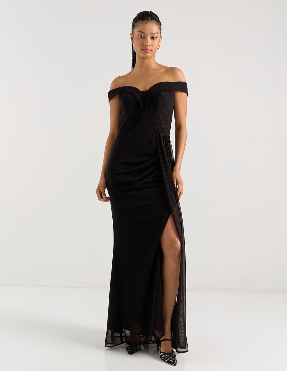 Vestido largo de fiesta escote bardot